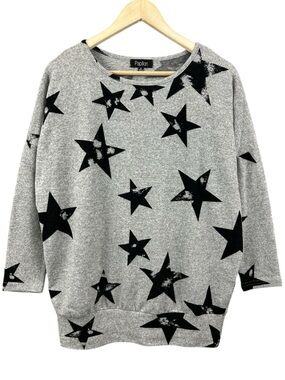 Papillon Grey Star Print Pullover Lightweight Oversized Sweater Size Small